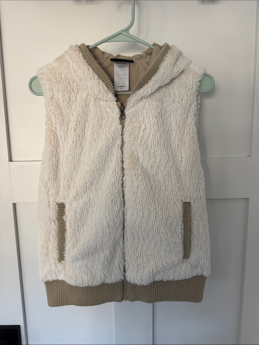 Patagonia Cream Plush Hooded Vest with Tan Trim